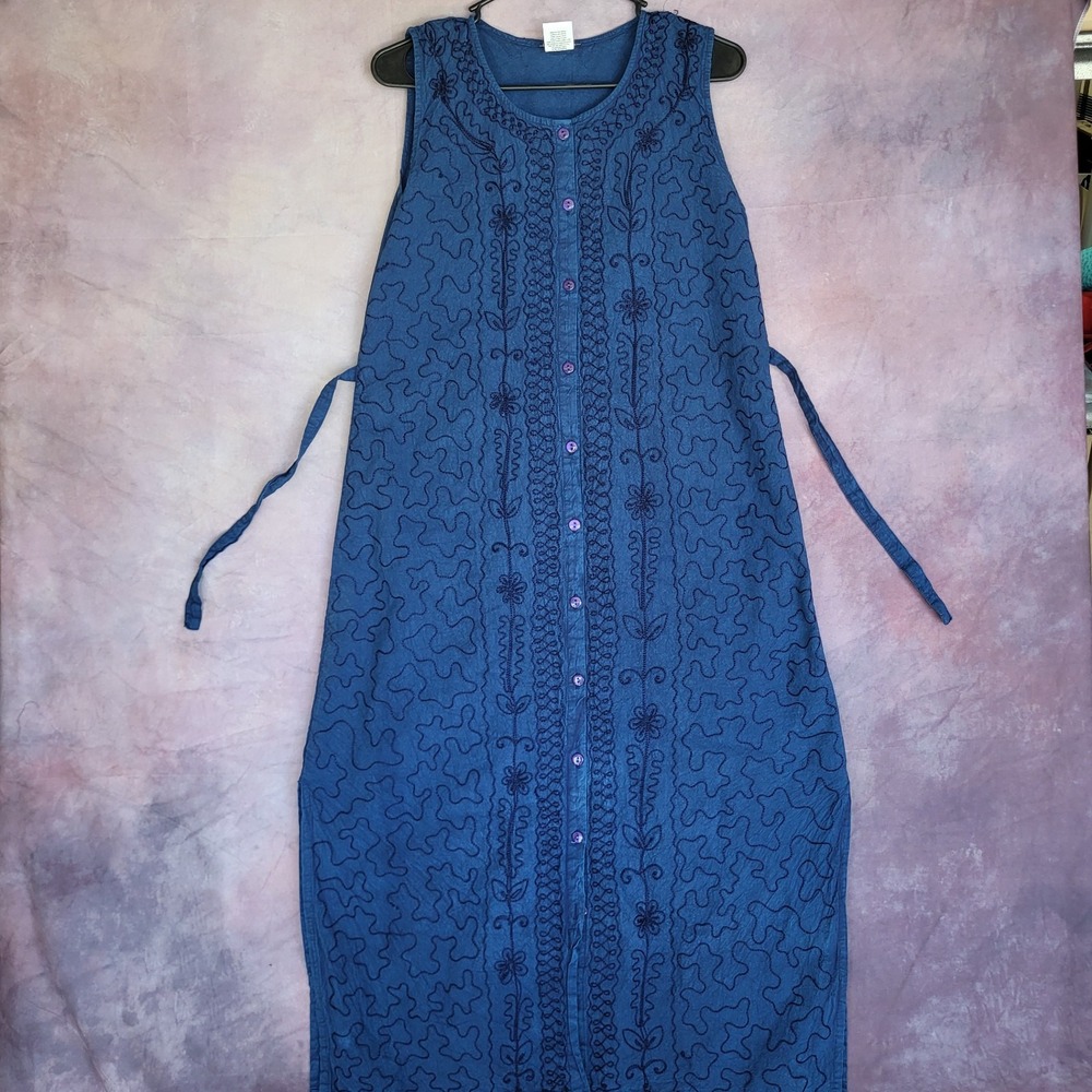 Namaste Embroidered Maxi Dress Womens XL Blue Cotton Sleeveless Button Front Tie